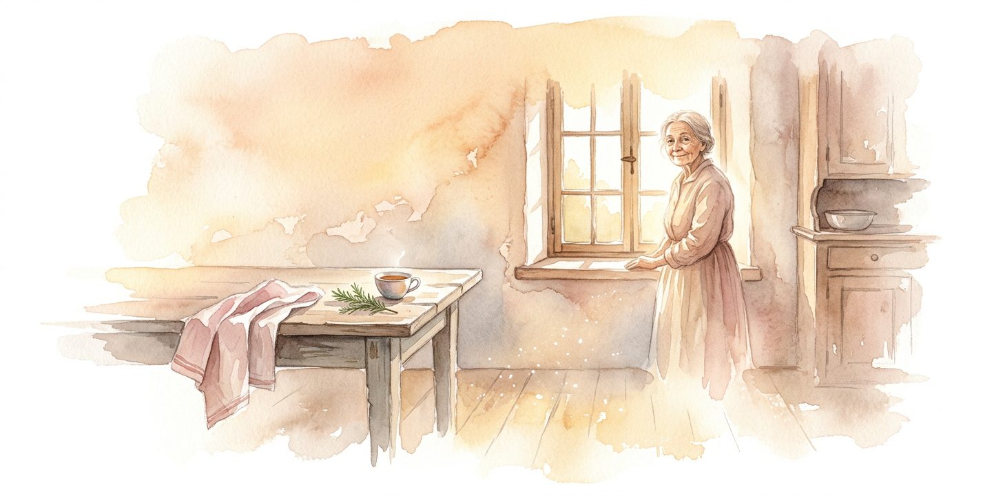 Ser querido mayor en un sueño parado en silencio junto a la ventana soleada de una cocina con una pequeña mesa de té