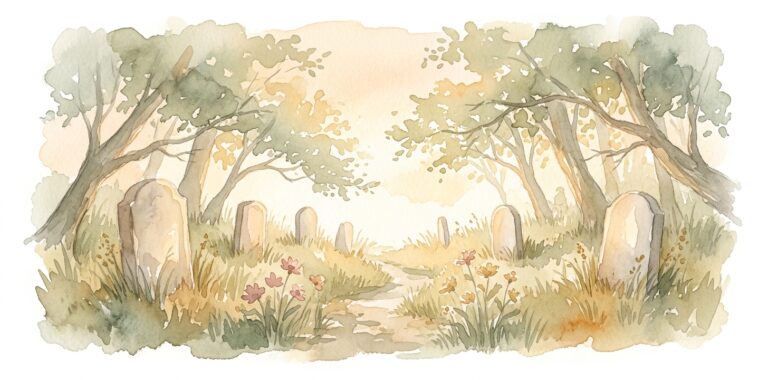 Quiet cemetery avenue in a dream lined with weathered stone markers and old trees as a soft footpath winds through wildflowers and warm light