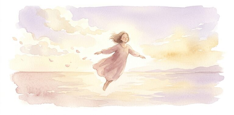 Figure in a dream floating gently above a calm sea with arms slightly spread, hair lifting and eyes peacefully closed