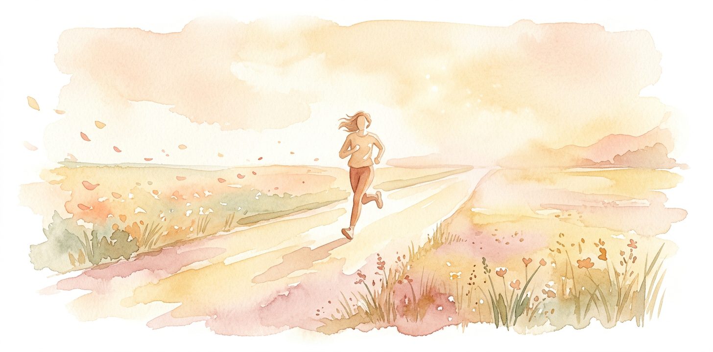 Runner in a dream mid-stride along a long open road with hair lifting and posture leaning forward through pale fields