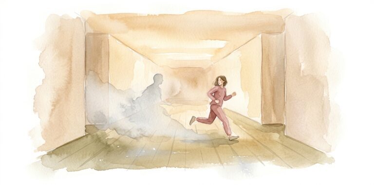 Figure in a dream running down a long corridor, looking back at a faint silhouette in soft mist behind