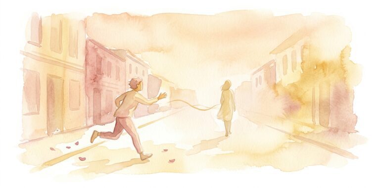 Figure in a dream running with one hand reaching toward a second figure walking calmly away down a sunlit street