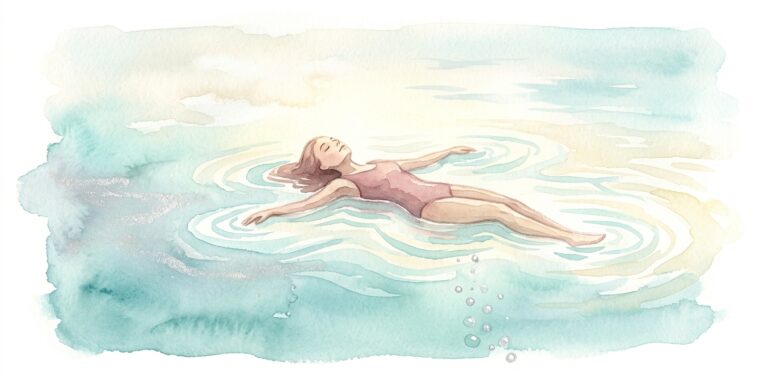 Figura en un sueño que flota sobre aguas tranquilas y abiertas con los ojos cerrados y los brazos suavemente abiertos entre suaves ondas