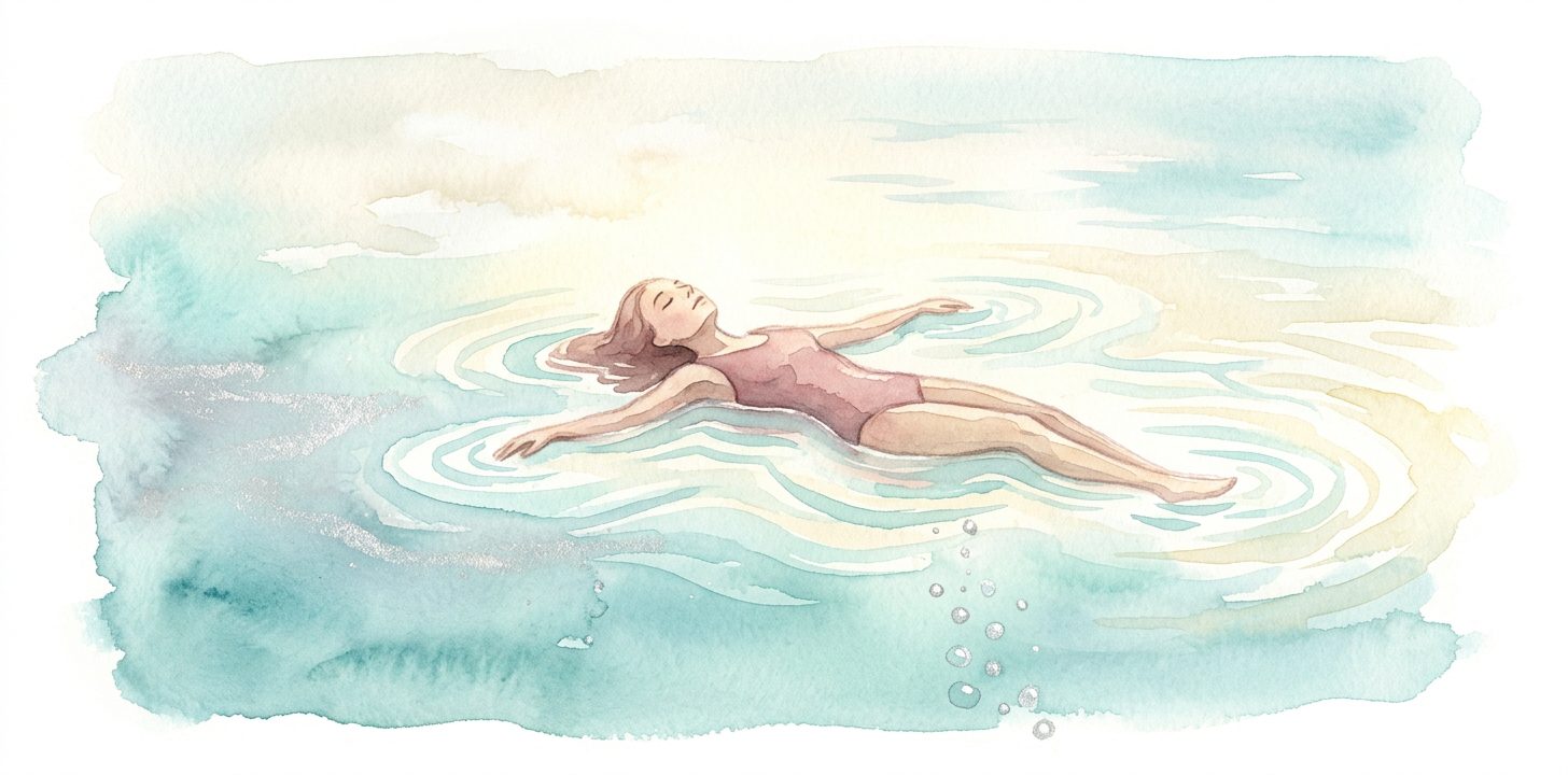 Figura en un sueño que flota sobre aguas tranquilas y abiertas con los ojos cerrados y los brazos suavemente abiertos entre suaves ondas