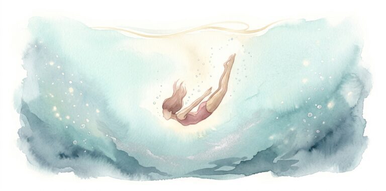 Diver in a dream descending through clear water with hair lifting and small bubbles rising toward the surface light