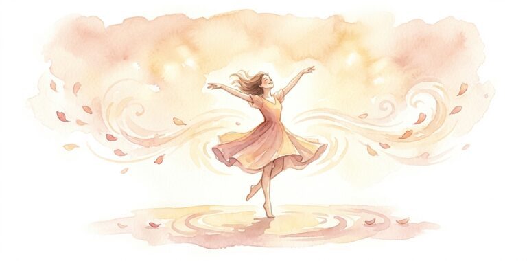 Dancer in a dream alone with arms thrown wide, hair lifting and one foot raised in joy among floating petals