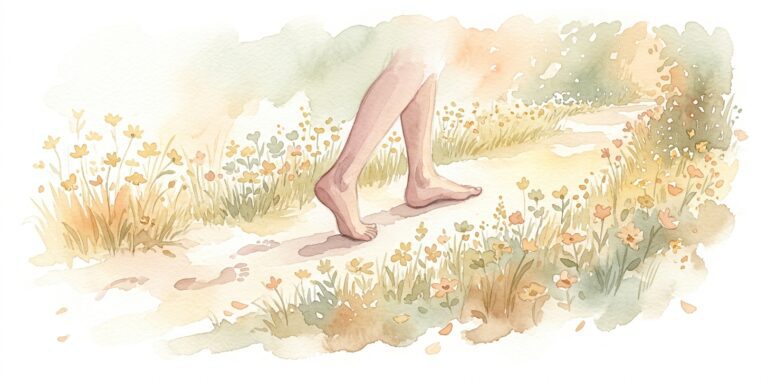 Bare feet in a dream stepping along a warm winding garden path with soft footprints and wildflowers nearby