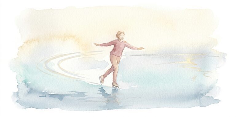 Skater in a dream gliding across smooth pale ice with arms gently spread and trailing arcs of light behind