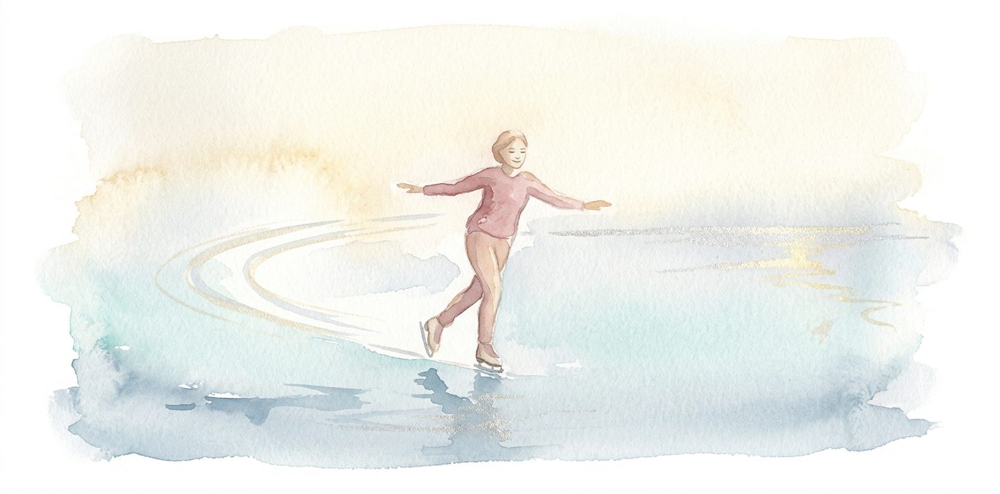 Skater in a dream gliding across smooth pale ice with arms gently spread and trailing arcs of light behind