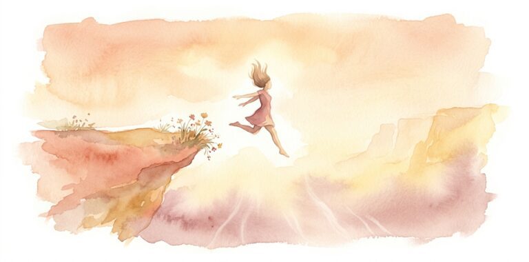 Figure in a dream mid-leap from a warm cliff edge into open golden air with arms slightly spread and hair lifting