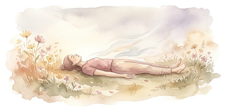 Figure in a dream lying still on warm earth with palms up and eyes closed among soft wildflowers and faint wisps