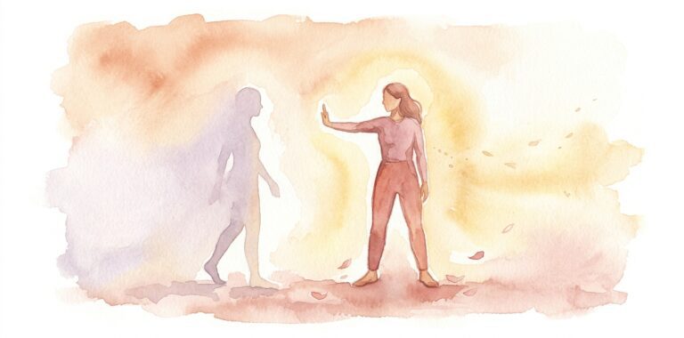 Figure in a dream standing firm with one hand raised in a calm boundary gesture as a silhouette steps gently back