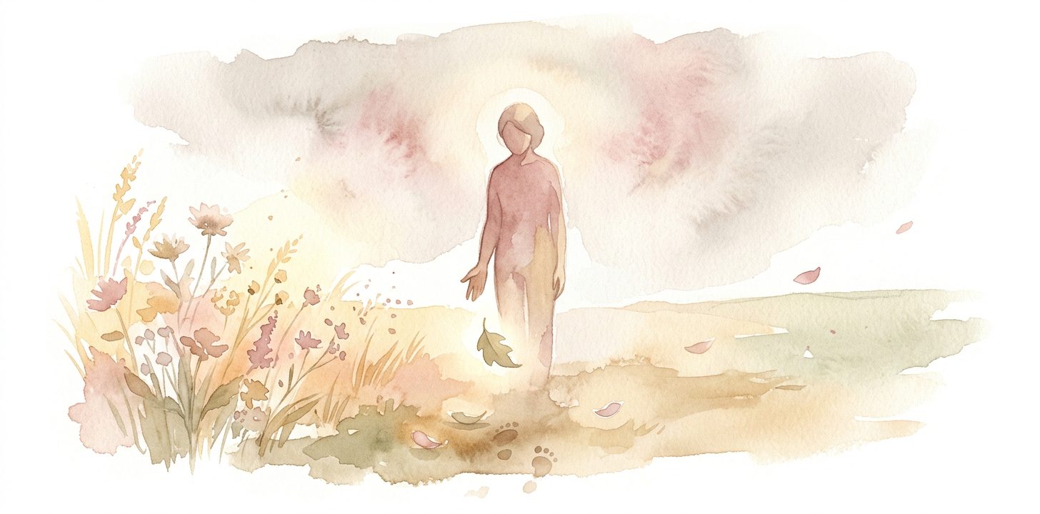 Figure in a dream standing quietly, one open palm releasing a small old leaf toward warm earth in solemn farewell