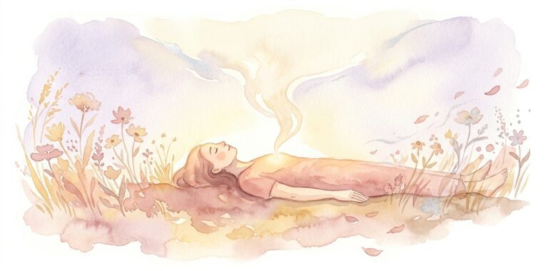 Figure in a dream resting on warm earth with eyes closed as a soft wisp of golden light rises from the chest