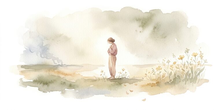 Figure in a dream standing alone on a wide plain, head bowed, distant smoke curling and first wildflowers nearby