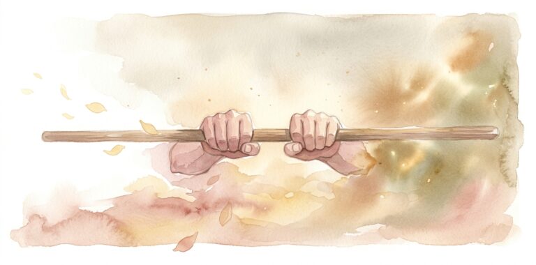 Pair of hands in a dream holding a simple wooden staff with a firm but calm grip among soft warm light