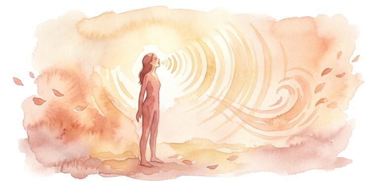 Figure in a dream standing tall with head tilted back and warm golden waves of sound radiating outward from open lips