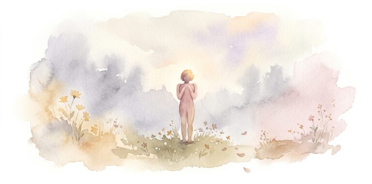 Pequeña figura en un sueño que permanece muy quieta con los hombros alzados rodeada de niebla gris y lavanda con tenues formas lejanas