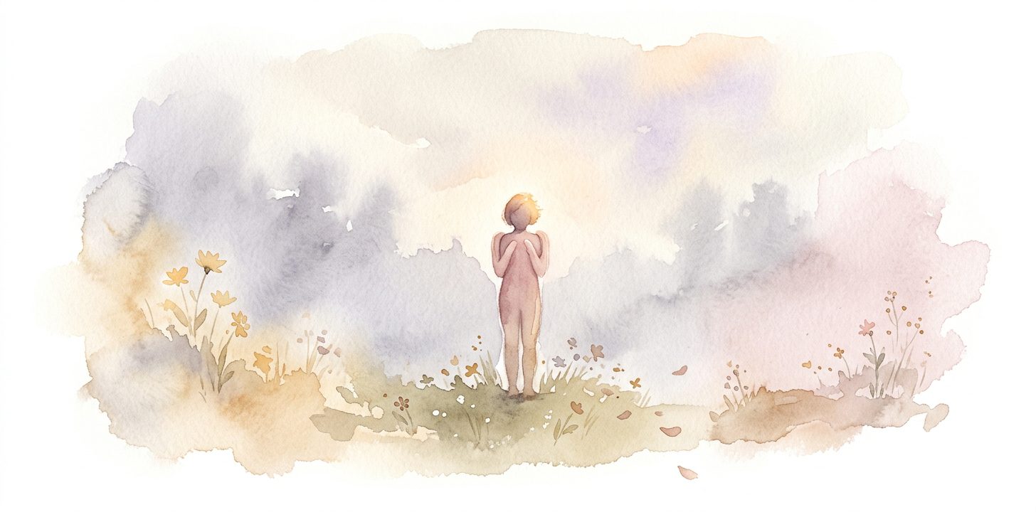 Pequeña figura en un sueño que permanece muy quieta con los hombros alzados rodeada de niebla gris y lavanda con tenues formas lejanas
