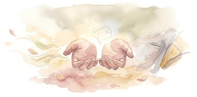Open hands in a dream with palms up and a faint key and wallet hovering above as petals drift below