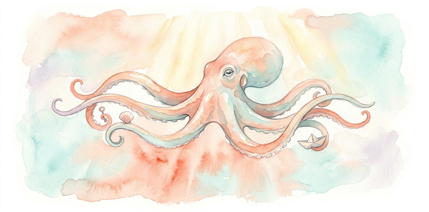 Octopus in a dream with flowing arms drifting through luminous water, calm and elegant