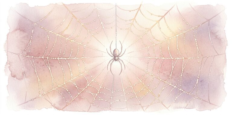 Spider in a dream on a silver thread at the center of a dewdrop-jeweled web