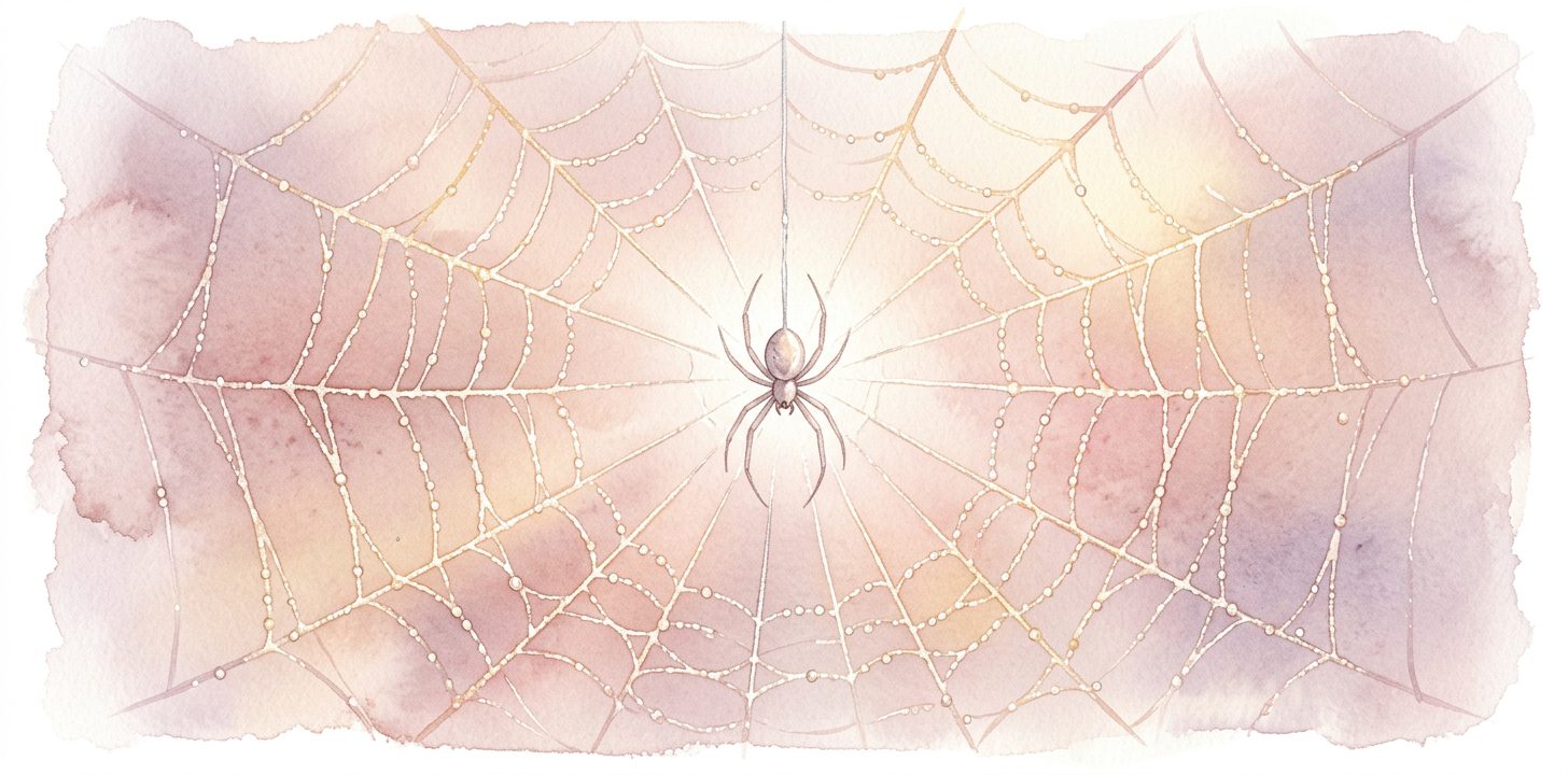 Spider in a dream on a silver thread at the center of a dewdrop-jeweled web
