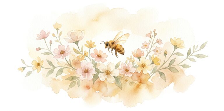 Bee in a dream hovering near wildflowers with tiny translucent wings glowing
