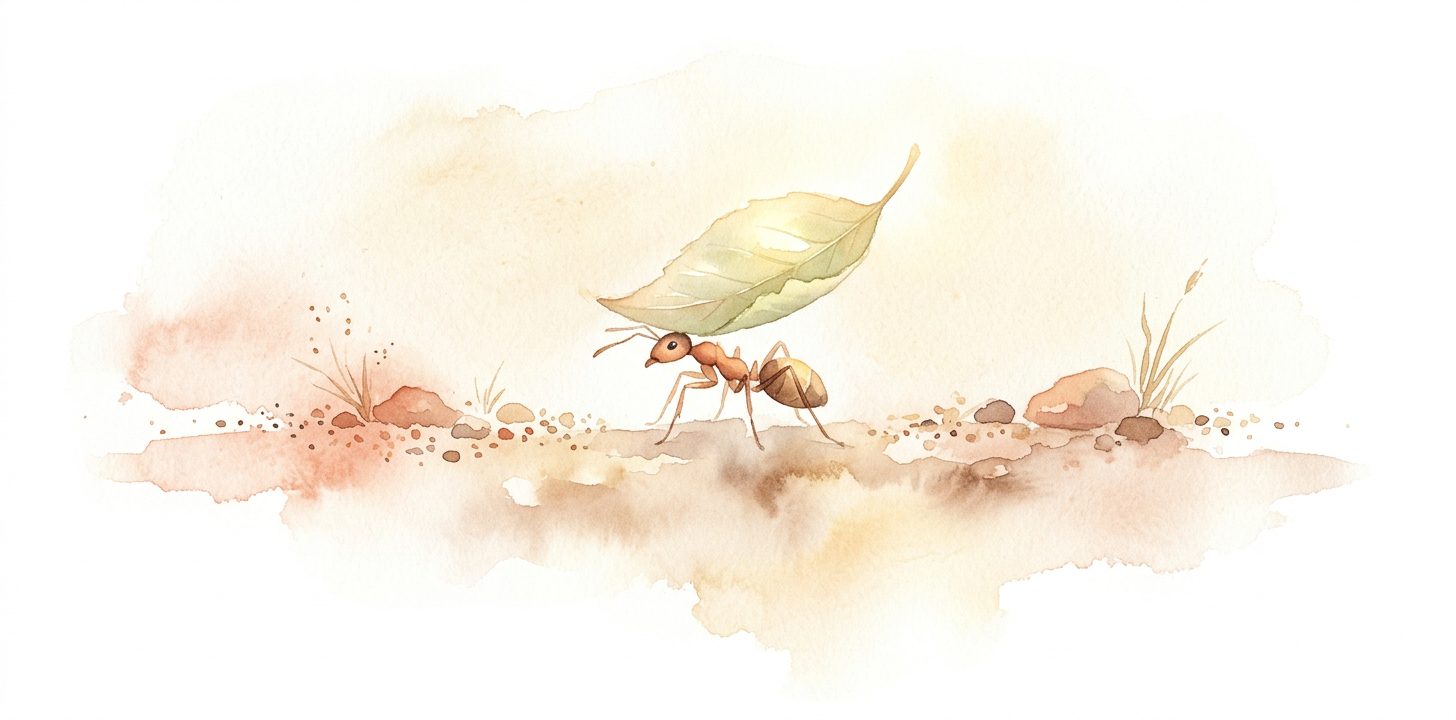 Ant in a dream carrying a green leaf many times its own size with determination