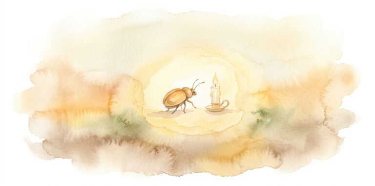Beetle in a dream walking calmly into a circle of warm golden light from darkness