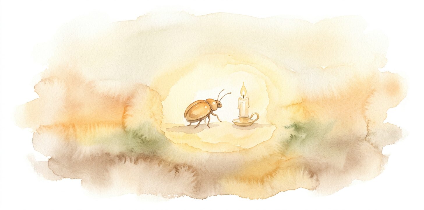 Beetle in a dream walking calmly into a circle of warm golden light from darkness