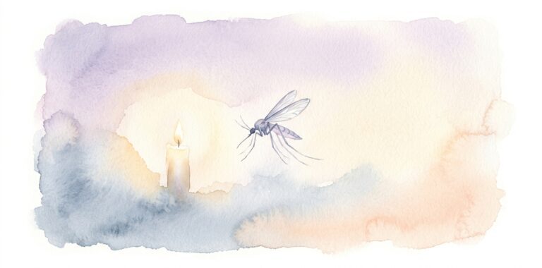 Mosquito in a dream with translucent silver wings drifting through soft twilight air