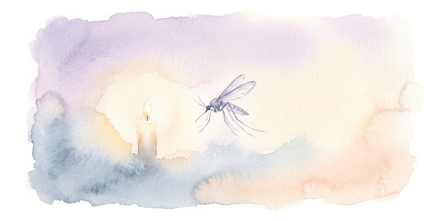 Mosquito in a dream with translucent silver wings drifting through soft twilight air