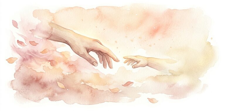 Adult hand in a dream reaching gently toward a small child's hand fading into warm pale air among drifting petals