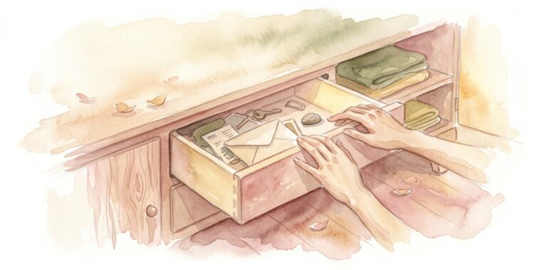 Hands in a dream reaching softly into an open wooden drawer with small keys, papers and a folded letter visible inside