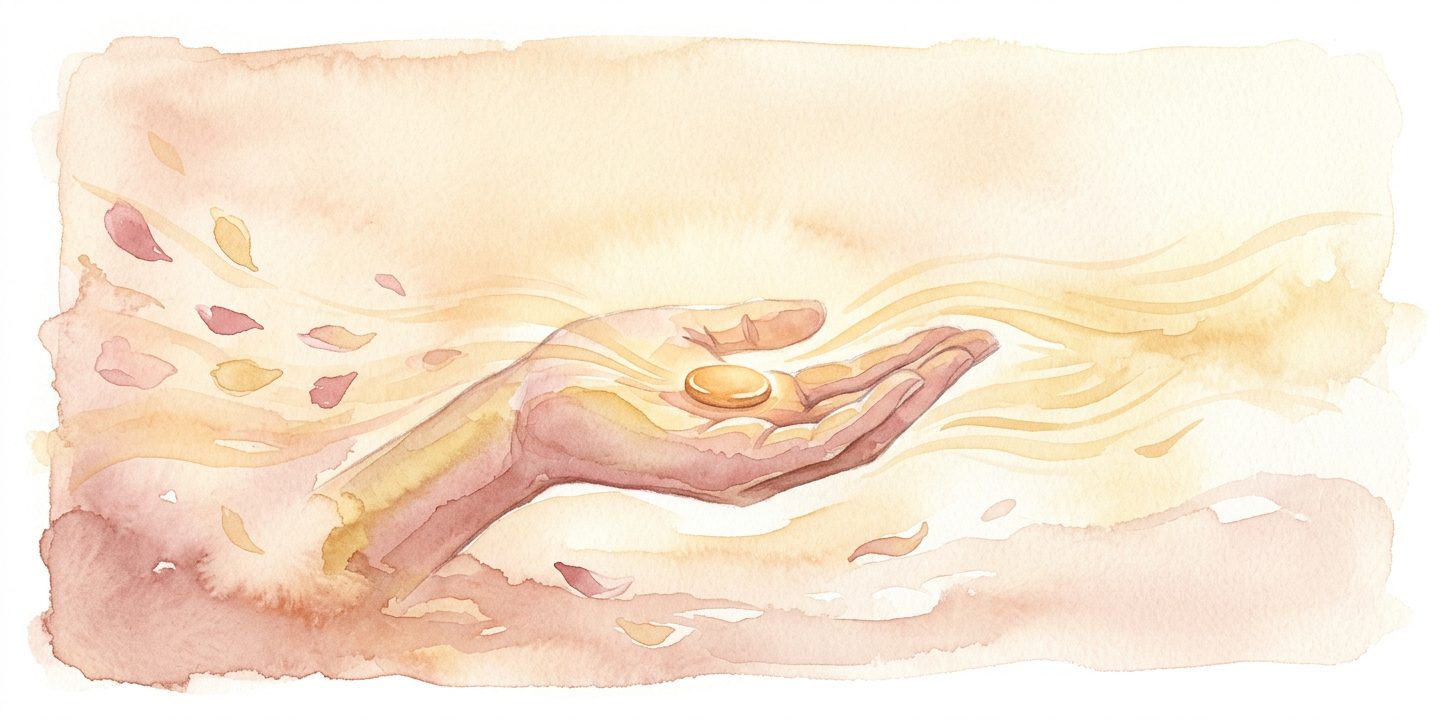Open hand in a dream cupped palm up with a small warm glowing coin resting at its centre as golden light radiates outward