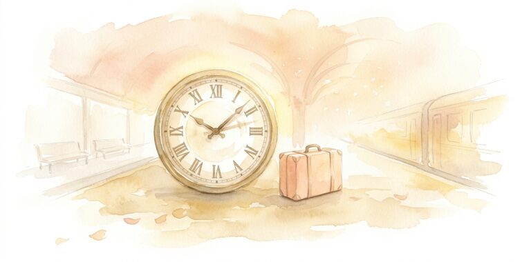 Station clock in a dream with blurred hands beside a small suitcase on an empty platform as a carriage fades