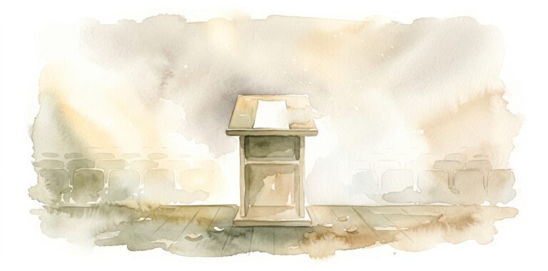 Wooden lectern in a dream with a blank sheet of paper whose words have faded before an empty hall