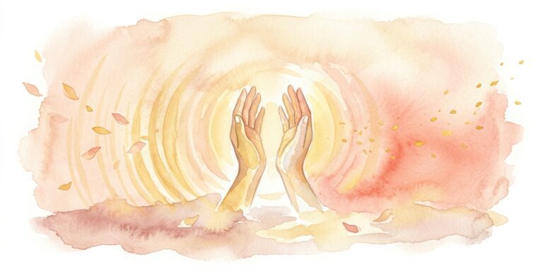 Pair of hands in a dream rising in mid-clap as a warm golden glow radiates outward among floating petals