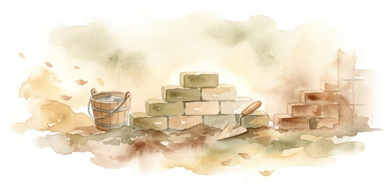 Stack of unfinished bricks in a dream with a wooden trowel beside a bucket of mortar on freshly turned earth