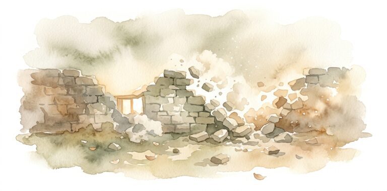 Stone wall in a dream crumbling mid-collapse with stones falling gently and pale dust drifting up through a gap of warm light