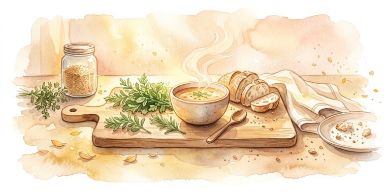 Wooden cutting board in a dream with fresh herbs, sliced bread and a ceramic bowl of steaming soup