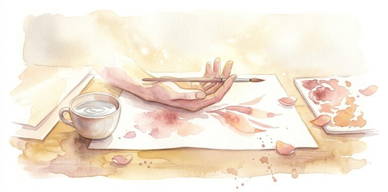 Hand in a dream holding a paintbrush over open paper as soft strokes bloom outward beside a water cup and palette