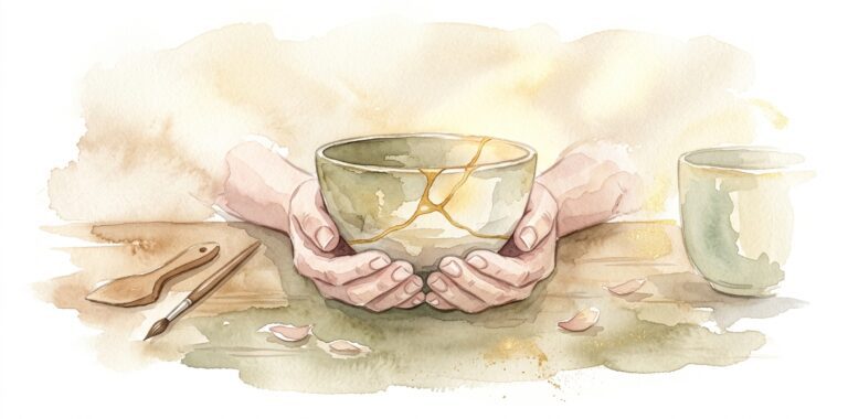 Ceramic bowl in a dream with a golden kintsugi seam held gently in cupped hands over a wooden workbench