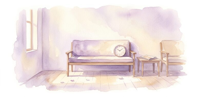 Empty bench in a dream with a cushion beside a round wall clock in a quiet sunlit waiting room