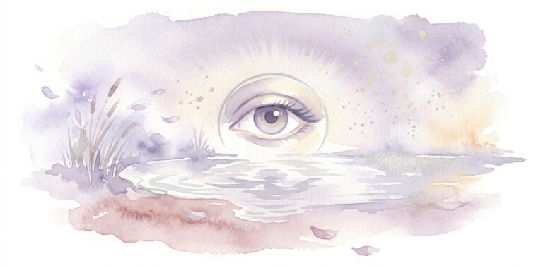 Open eye in a dream above a still reflective pool with soft reeds and pale mist at the water's edge