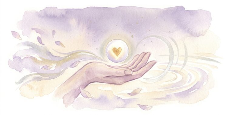Open palm in a dream with a small glowing sphere of light hovering above it and soft wisps drifting outward among floating petals