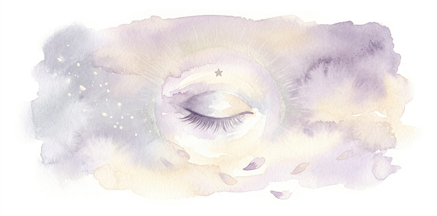 Closed eye in a dream with soft long lashes and a single star above it as a halo radiates outward with drifting petals