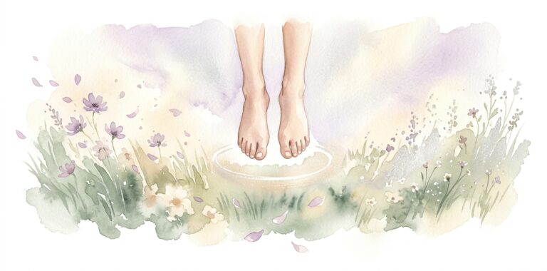 Bare feet in a dream hovering just above a grassy field with a warm halo of light and wildflowers extending to both sides