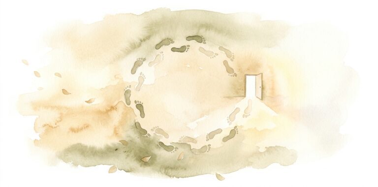 Circle of footprints in a dream walking in a closed loop on warm sand with a small open door on one side